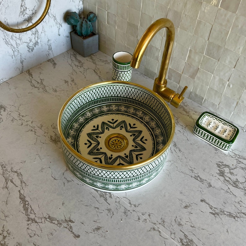 Handmade Moroccan Ceramic Sink Brass rim #99